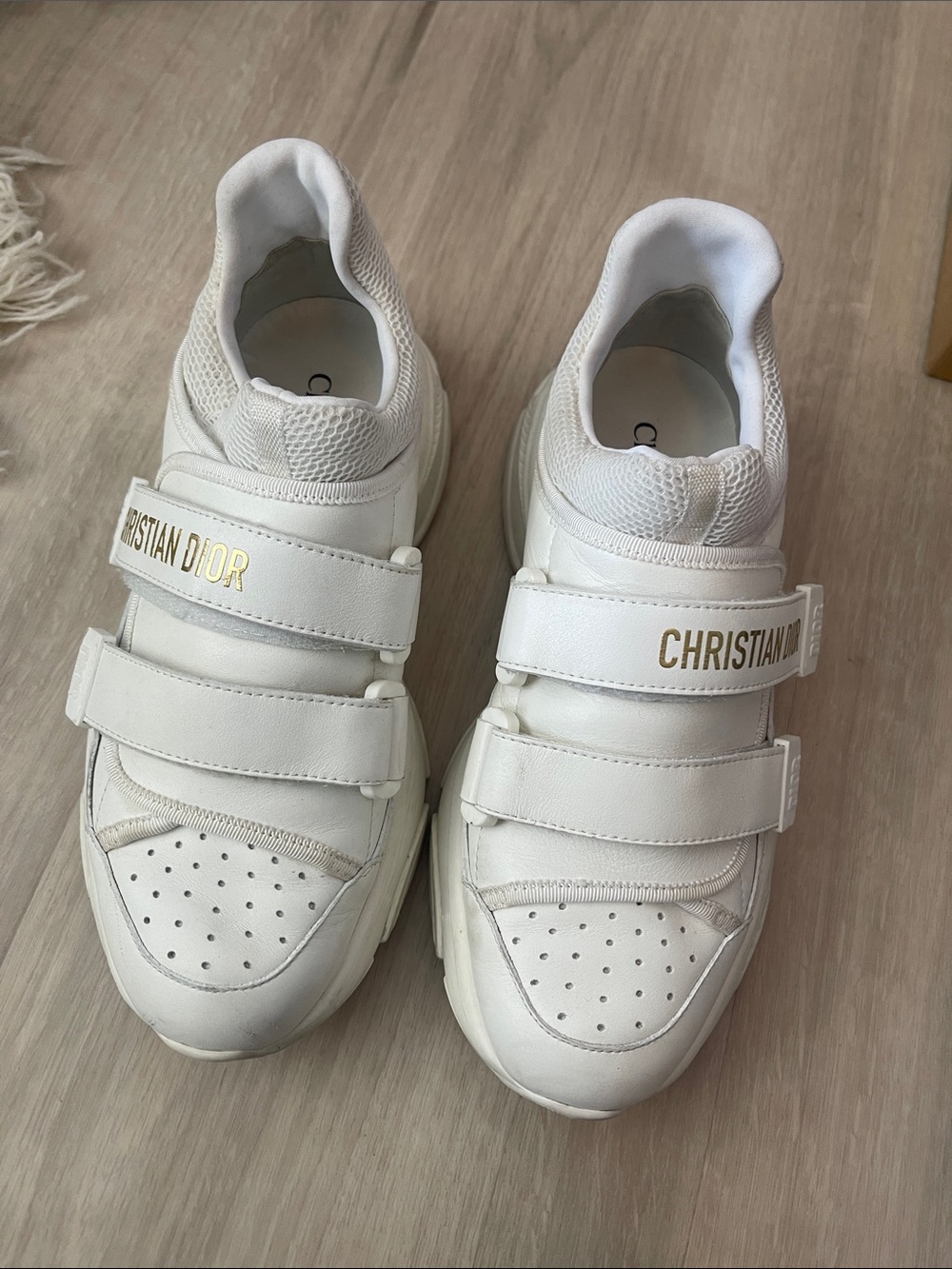 Dior White Leather Velcro Sneakers with Gold Logo SIZE 38